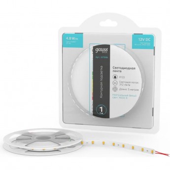 Лента GAUSS BASIC LED 2835/60 12V 4,8W/m 312lm/m 4000K 8mm IP20 5m Лента GAUSS BASIC LED 2835/60 12V 4,8W/m 312lm/m 4000K 8mm IP20 5m