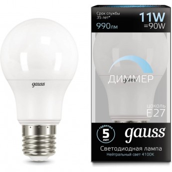 Светодиодная лампа GAUSS A60 11W 990lm 4100К E27 диммируемая LED 1/10/50 Светодиодная лампа GAUSS A60 11W 990lm 4100К E27 диммируемая LED 1/10/50